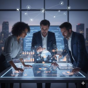 group of people discussing about smart tools shown by a holographc image at the center