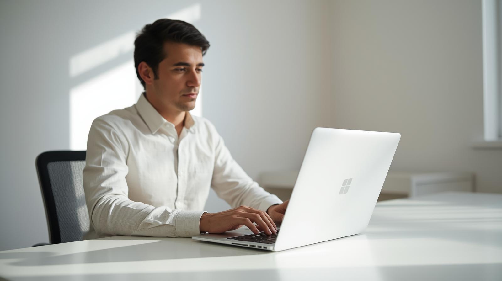 User calmly working on Microsoft Windows laptop in bright home office setting.