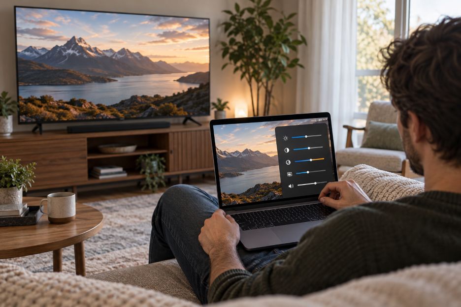 checking streaming playback on a laptop